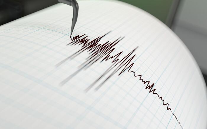 Seismoraph zeichnet Linien mit Ausschlaegen auf Papier