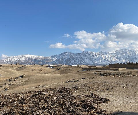 Schneebedeckte Berge im Hintergrund, karge Landschaft mit entfernt sichtbaren Mauern im Vordergrund