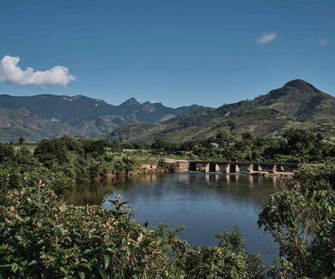 Hinter einem von Büschen und Bäumen umgebenen Gewässer mit einer Brücke erstreckt sich eine grüne Berglandschaft