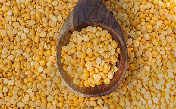Gelbe Linsen mit Holzloeffel in der Mitte