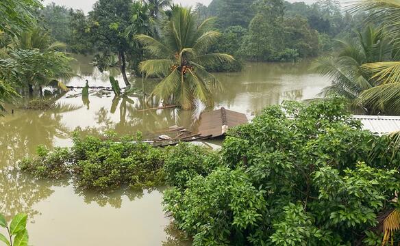 Ein Hausdach ist einem überschwemmten Gebiet in Sri Lanka zu sehen